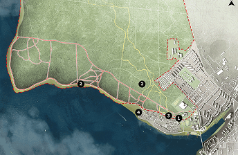 Спутниковая карта прибрежной территории с зелеными зонами, водоемом и городской застройкой